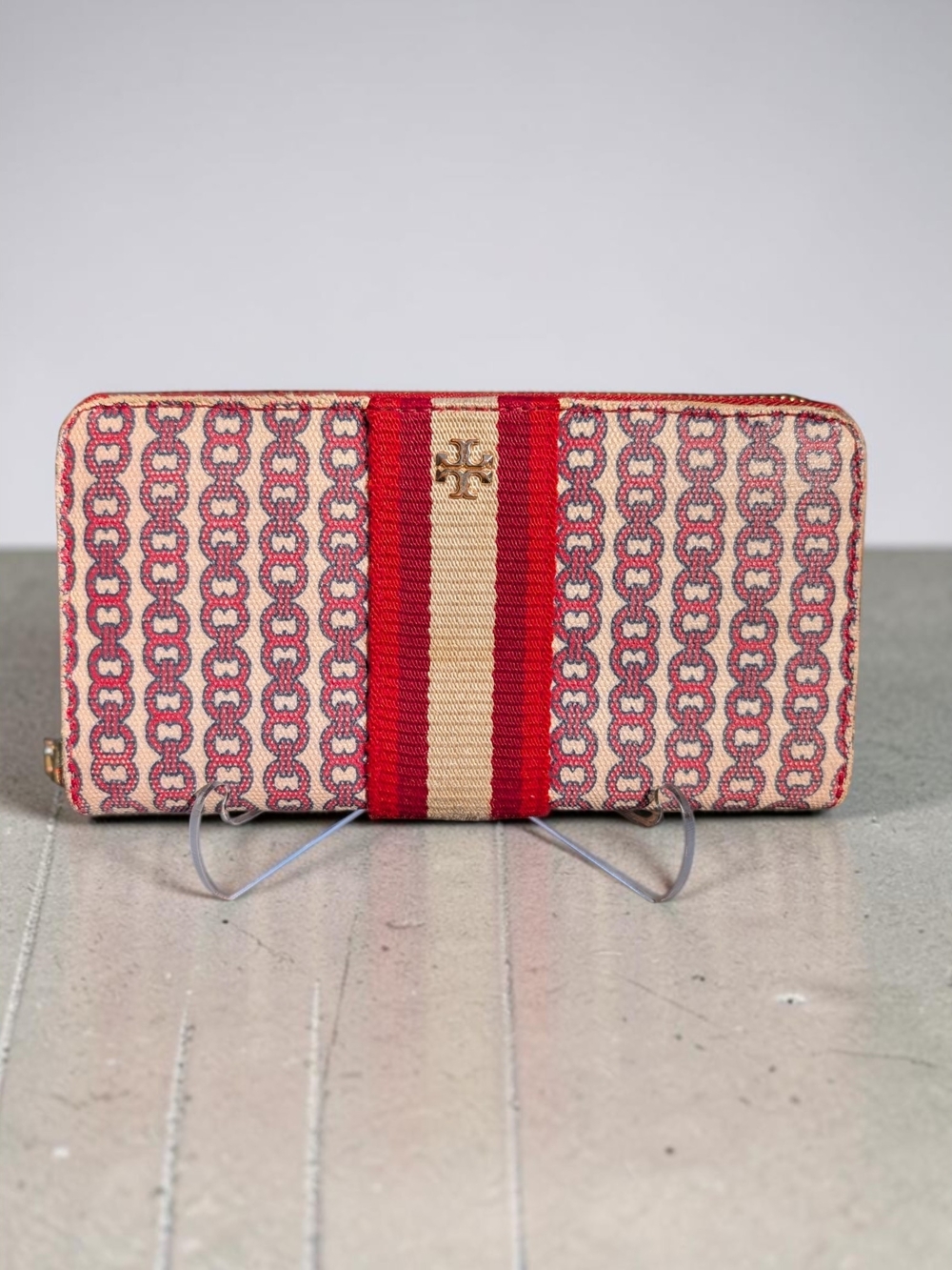Tory Burch Gemini Link Canvas Zip Continental Wallet Red Ivory